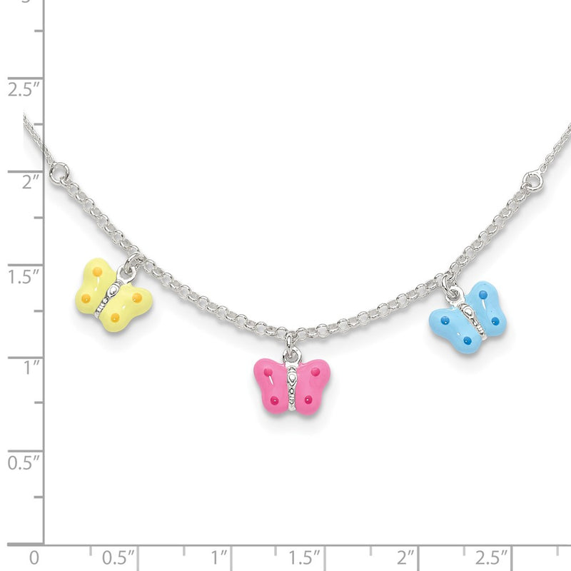 Sterling Silver Polished Yellow, Pink And Blue Enameled Three Butterfly Children'S Necklace