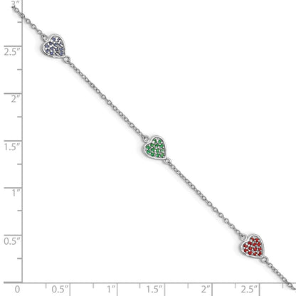 7 Inch Sterling Silver Rhodium-Plated Red, Green And Blue Glass Hearts With 1 Extension Bracelet