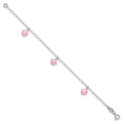 6 Inch Sterling Silver Polished Pink Enameled Hearts Children'S Bracelet