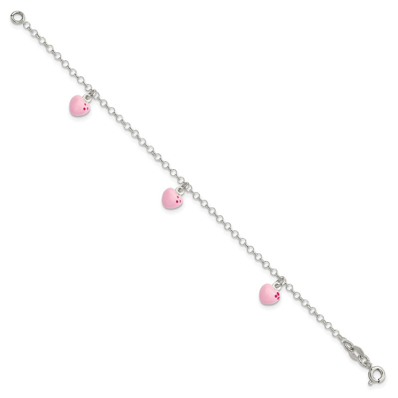 6 Inch Sterling Silver Polished Pink Enameled Hearts Children'S Bracelet