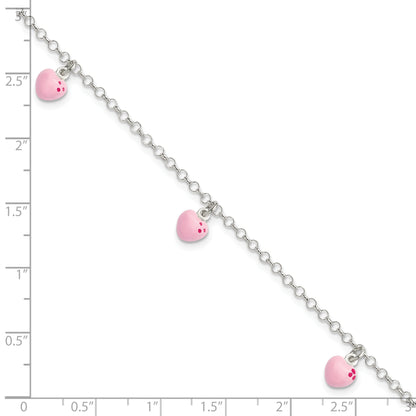 6 Inch Sterling Silver Polished Pink Enameled Hearts Children'S Bracelet