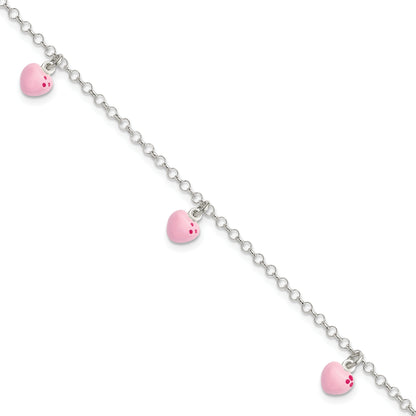6 Inch Sterling Silver Polished Pink Enameled Hearts Children'S Bracelet