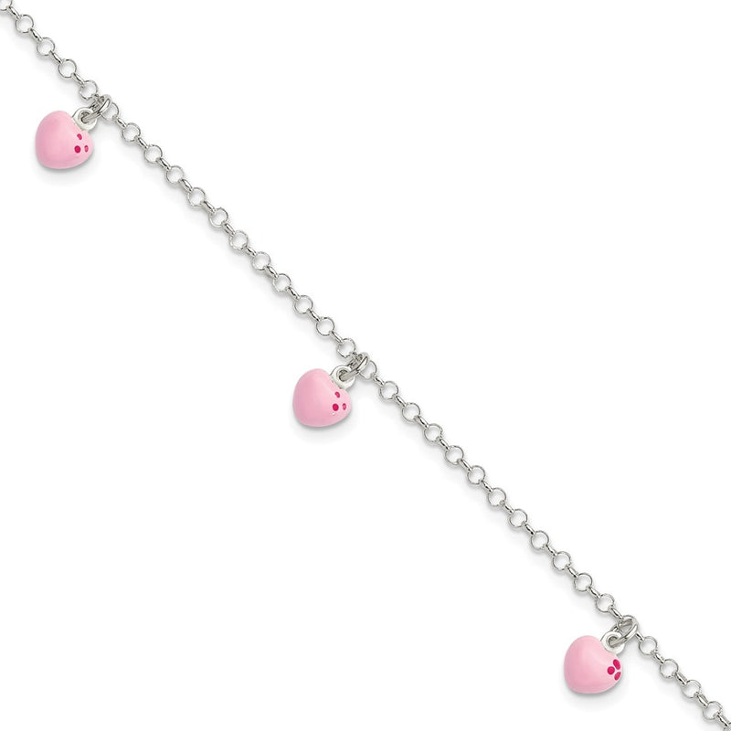 6 Inch Sterling Silver Polished Pink Enameled Hearts Children'S Bracelet