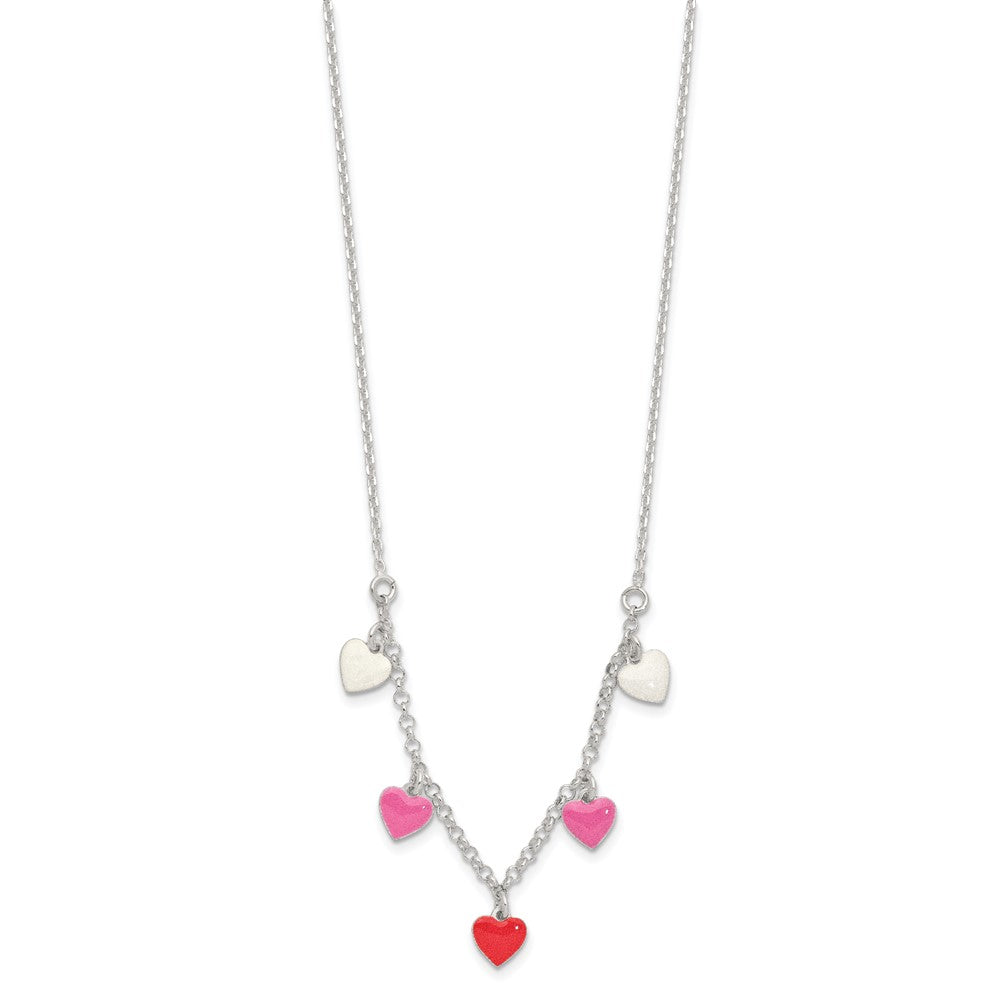 Sterling Silver Polished Pink/Red/White Enamel Heart Children'S Necklace