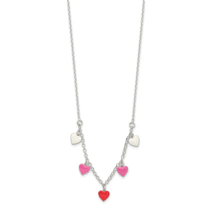 Sterling Silver Polished Pink/Red/White Enamel Heart Children'S Necklace