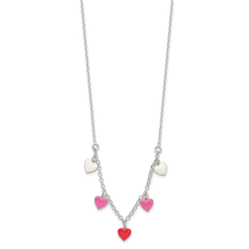 Sterling Silver Polished Pink/Red/White Enamel Heart Children'S Necklace
