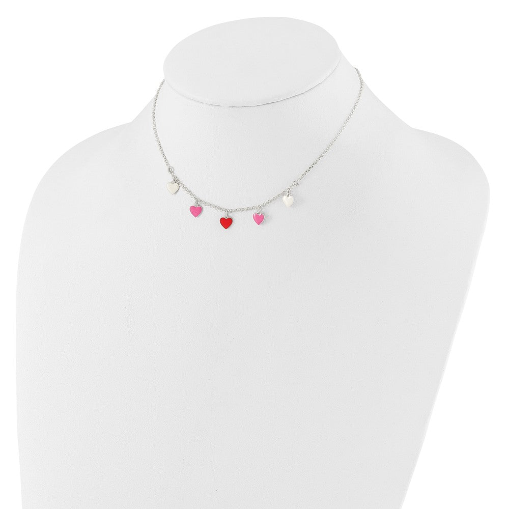 Sterling Silver Polished Pink/Red/White Enamel Heart Children'S Necklace