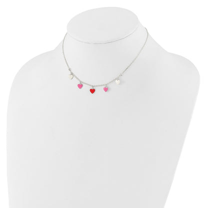 Sterling Silver Polished Pink/Red/White Enamel Heart Children'S Necklace