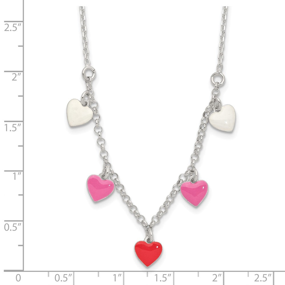 Sterling Silver Polished Pink/Red/White Enamel Heart Children'S Necklace