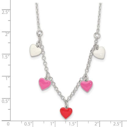 Sterling Silver Polished Pink/Red/White Enamel Heart Children'S Necklace