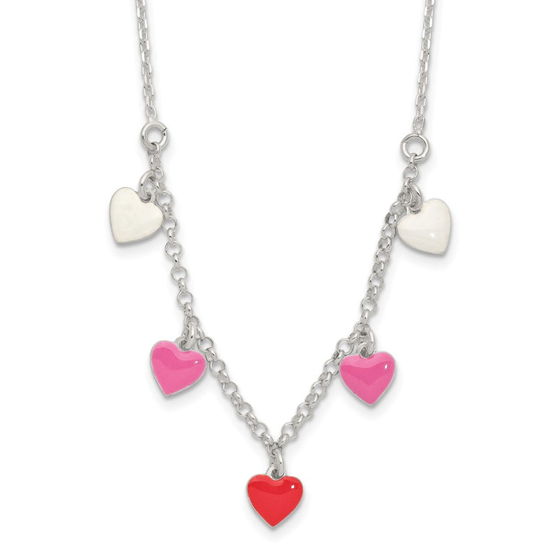 Sterling Silver Polished Pink/Red/White Enamel Heart Children'S Necklace