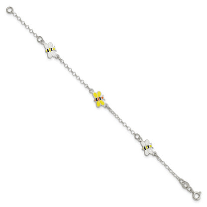6 Inch Sterling Silver Polished & Enameled Bees Children'S Bracelet