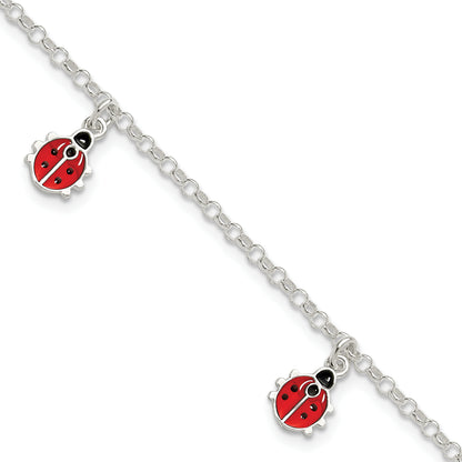 7 Inch Sterling Silver Polished Enameled Ladybugs W/ 1In Ext. Children'S Bracelet