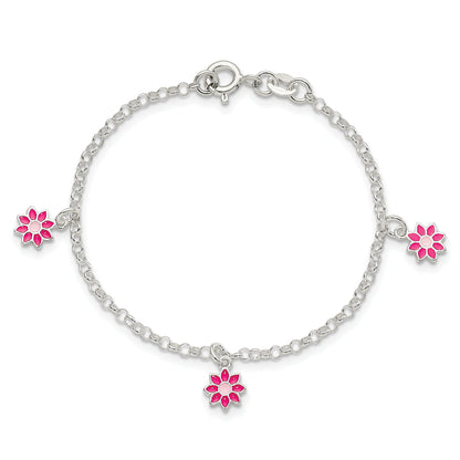 6 Inch Sterling Silver Polished Pink Enameled Flowers Children'S Bracelet