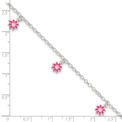 6 Inch Sterling Silver Polished Pink Enameled Flowers Children'S Bracelet