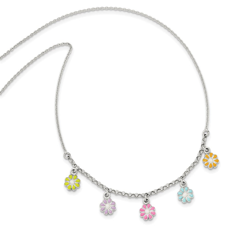 Sterling Silver Polished Multi-Color Enameled Flowers Children'S Necklace