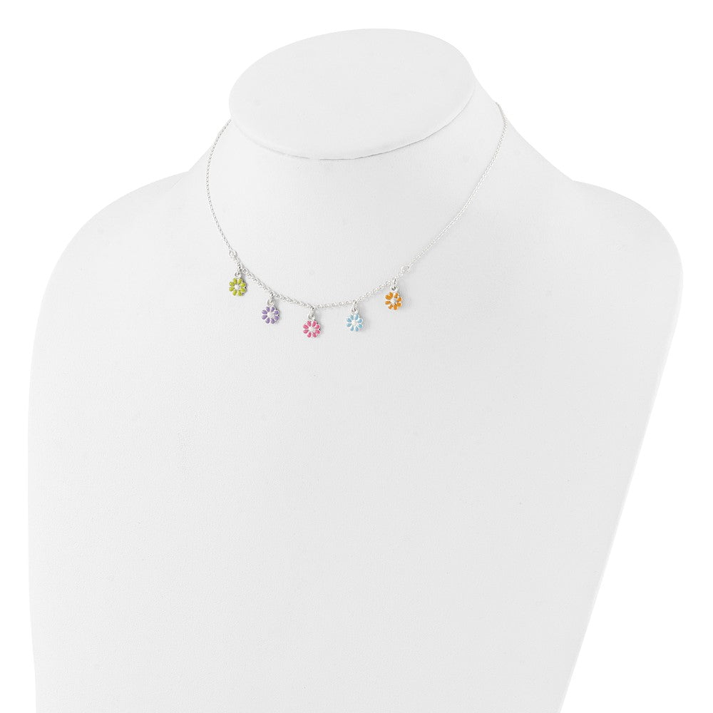 Sterling Silver Polished Multi-Color Enameled Flowers Children'S Necklace