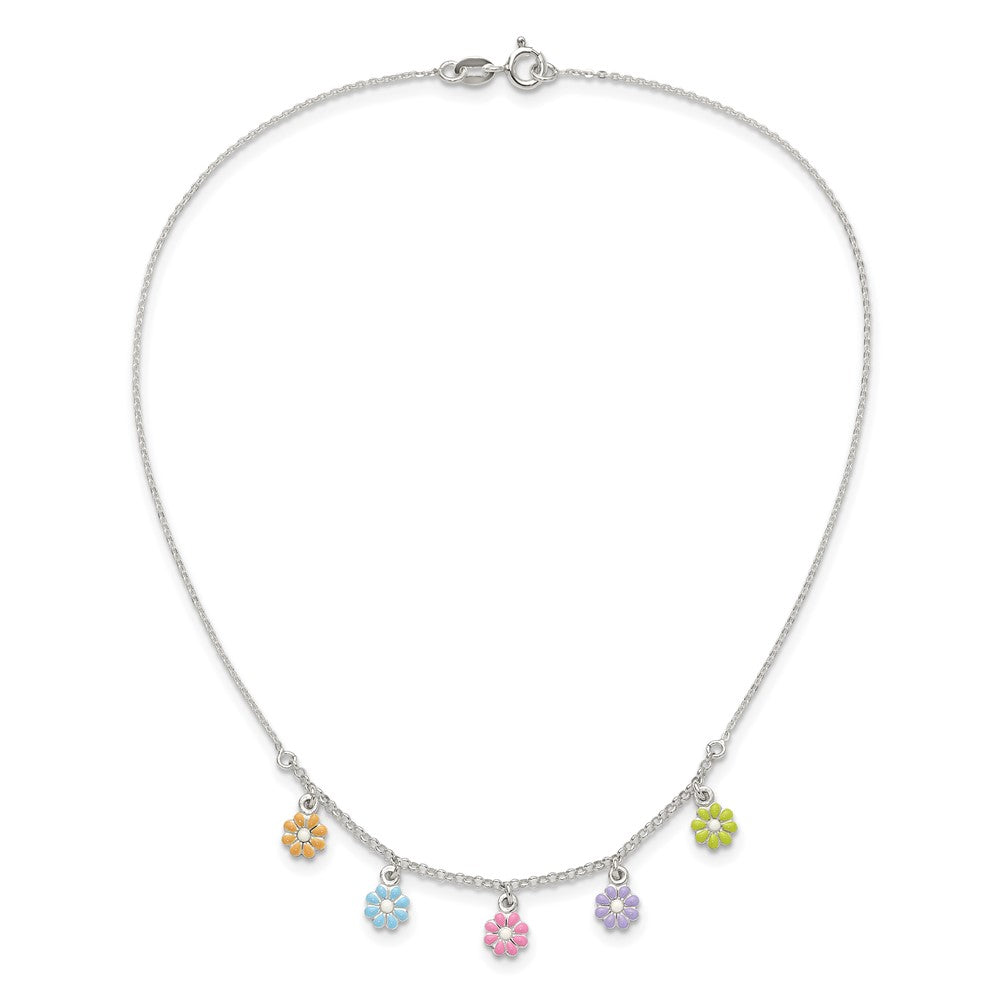 Sterling Silver Polished Multi-Color Enameled Flowers Children'S Necklace
