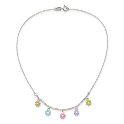 Sterling Silver Polished Multi-Color Enameled Flowers Children'S Necklace