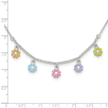 Sterling Silver Polished Multi-Color Enameled Flowers Children'S Necklace