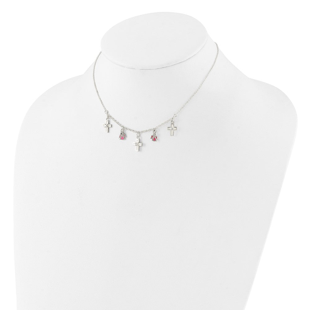 Sterling Silver Polished White & Pink Enameled Cz Cross And Angels Children'S Necklace