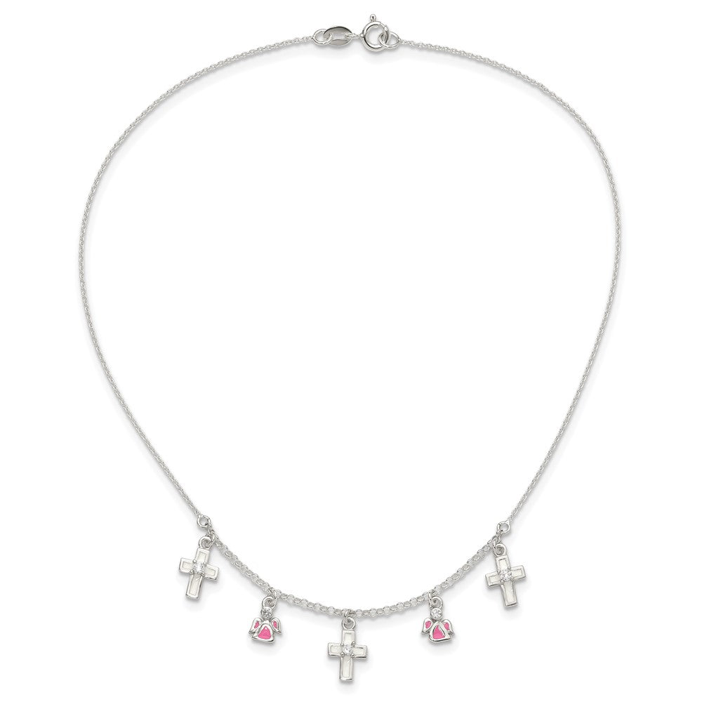 Sterling Silver Polished White & Pink Enameled Cz Cross And Angels Children'S Necklace