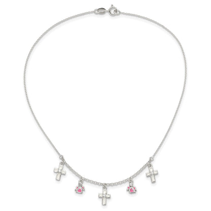 Sterling Silver Polished White & Pink Enameled Cz Cross And Angels Children'S Necklace
