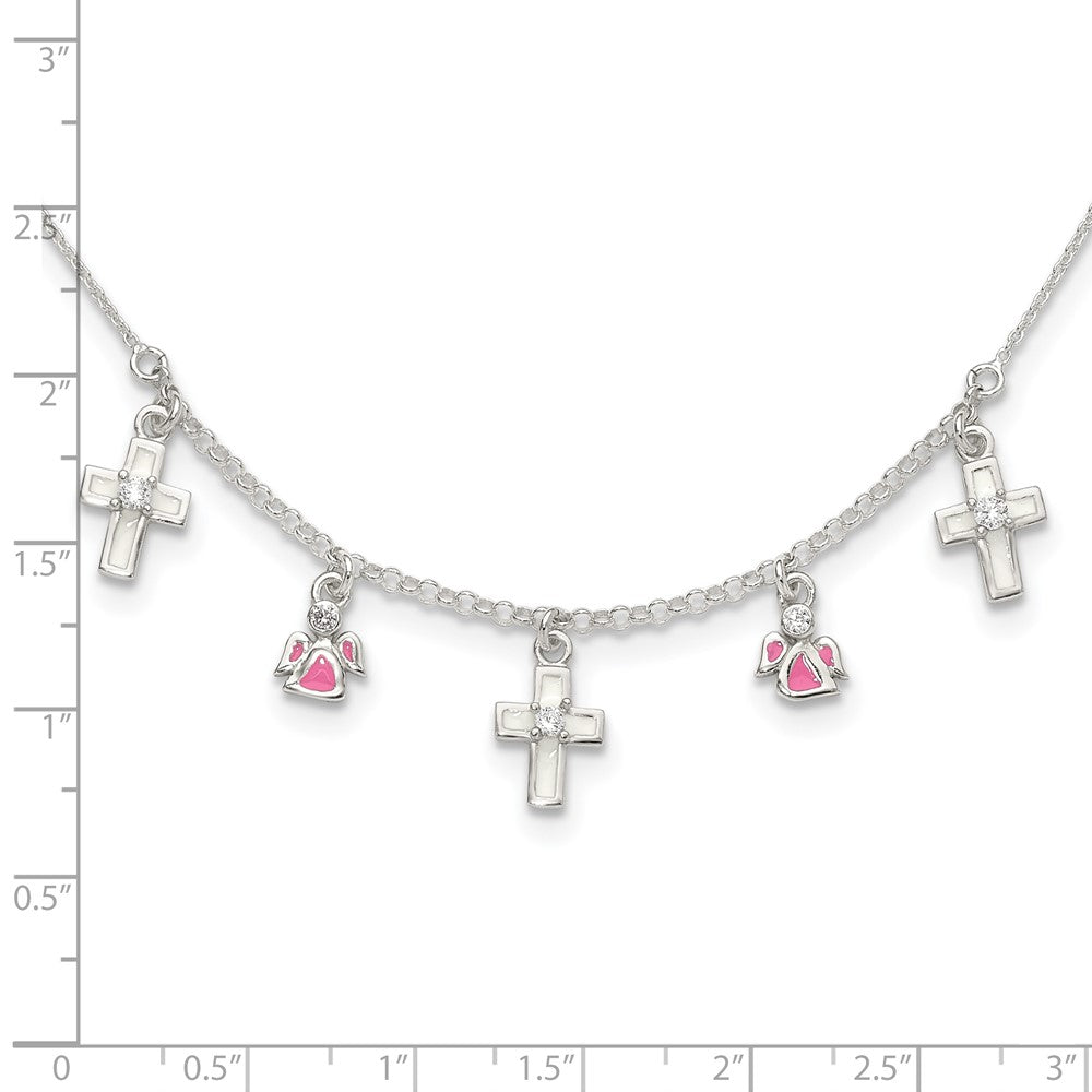 Sterling Silver Polished White & Pink Enameled Cz Cross And Angels Children'S Necklace
