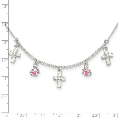 Sterling Silver Polished White & Pink Enameled Cz Cross And Angels Children'S Necklace