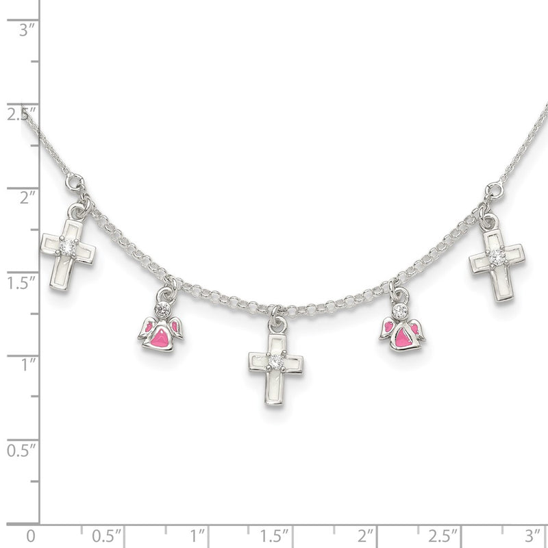 Sterling Silver Polished White & Pink Enameled Cz Cross And Angels Children'S Necklace