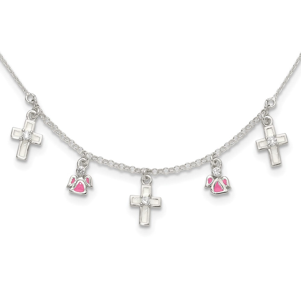 Sterling Silver Polished White & Pink Enameled Cz Cross And Angels Children'S Necklace