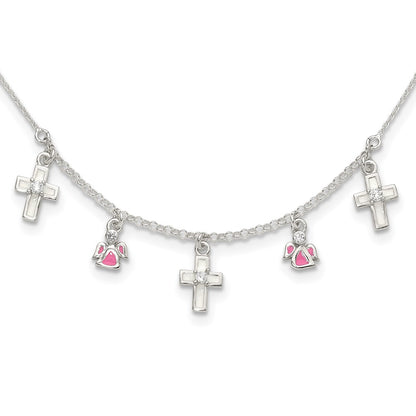 Sterling Silver Polished White & Pink Enameled Cz Cross And Angels Children'S Necklace