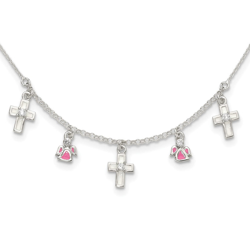 Sterling Silver Polished White & Pink Enameled Cz Cross And Angels Children'S Necklace