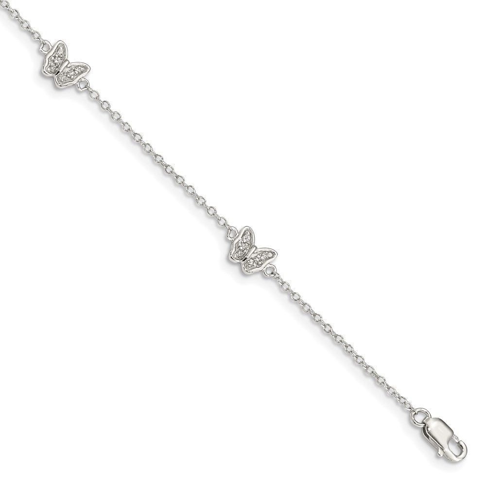 7 Inch Sterling Silver Rhodium-Plated Polished Cz Butterflies 6 Bracelet With 1 Extension