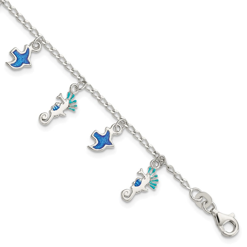 5 Inch Sterling Silver Enameled Seahorse & Birds W/ 1In Ext. Children'S Bracelet