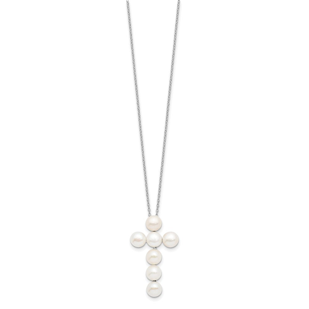 Sterling Silver Rhodium-Plated 6-7mm White Fwc Pearl Cross Necklace