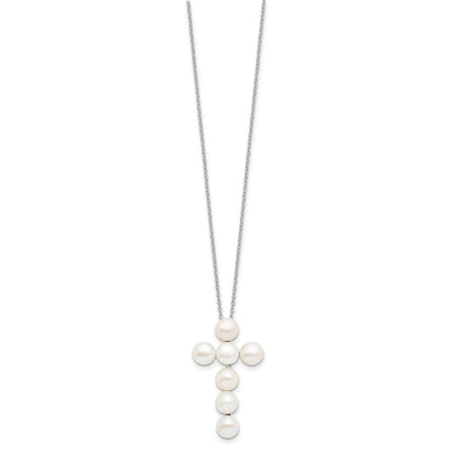 Sterling Silver Rhodium-Plated 6-7mm White Fwc Pearl Cross Necklace