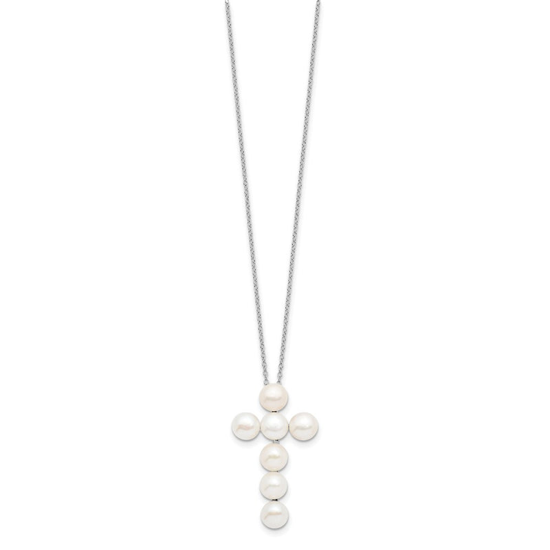 Sterling Silver Rhodium-Plated 6-7mm White Fwc Pearl Cross Necklace