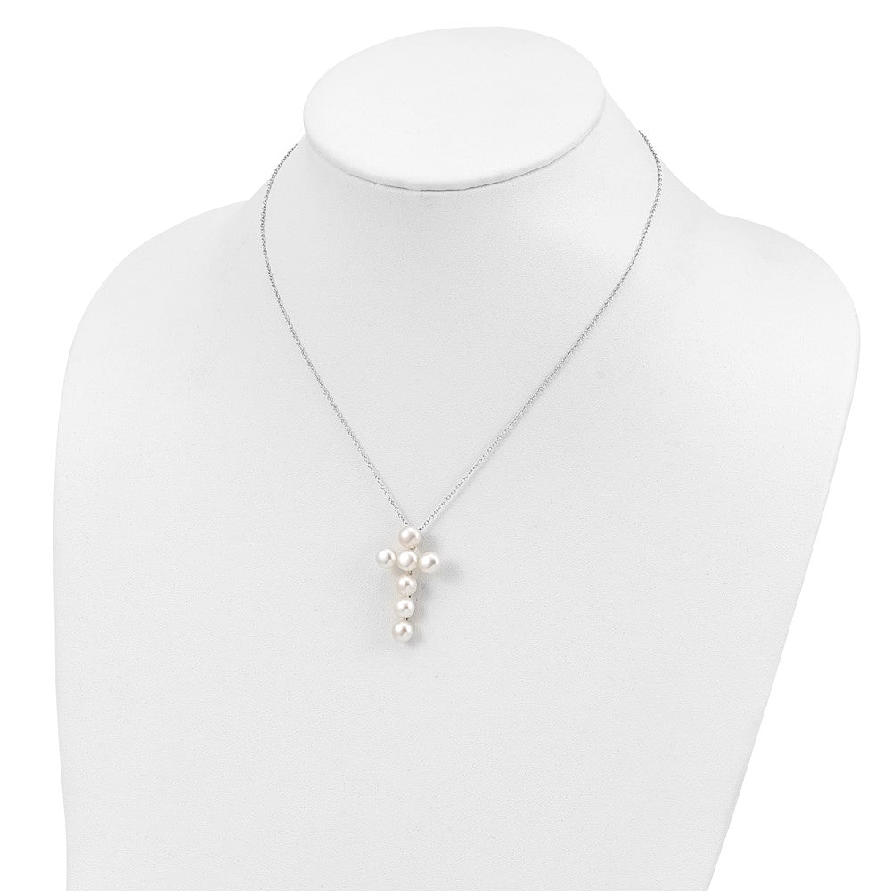 Sterling Silver Rhodium-Plated 6-7mm White Fwc Pearl Cross Necklace