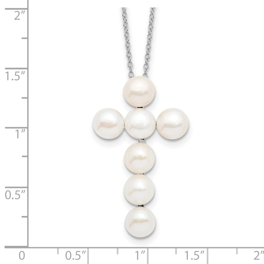 Sterling Silver Rhodium-Plated 6-7mm White Fwc Pearl Cross Necklace