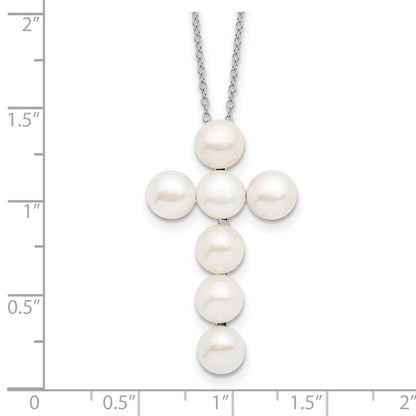 Sterling Silver Rhodium-Plated 6-7mm White Fwc Pearl Cross Necklace