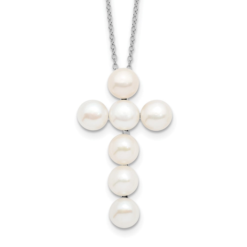 Sterling Silver Rhodium-Plated 6-7mm White Fwc Pearl Cross Necklace