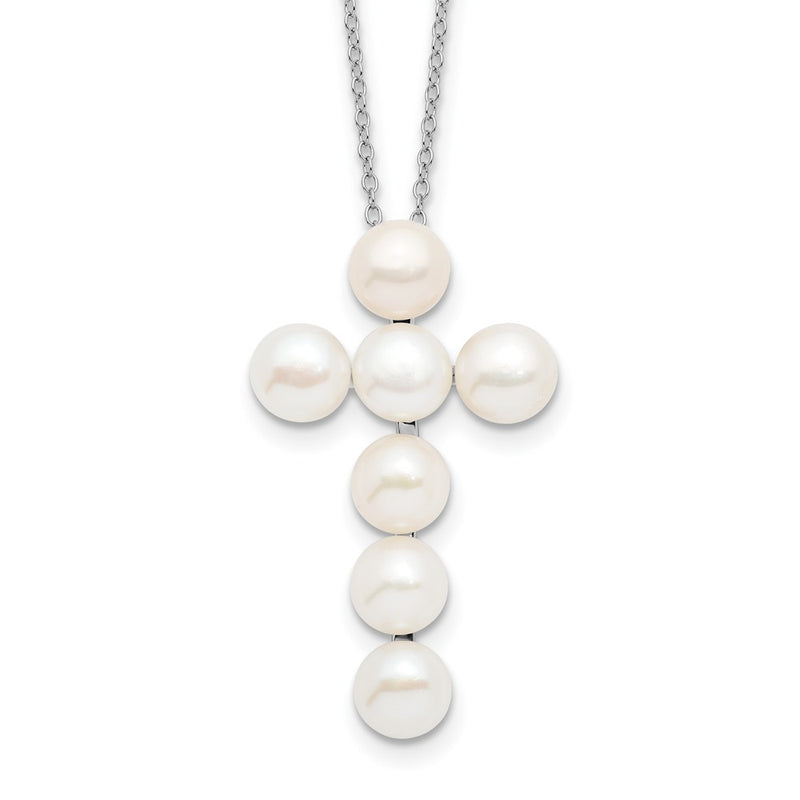 Sterling Silver Rhodium-Plated 6-7mm White Fwc Pearl Cross Necklace