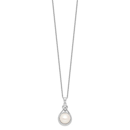 Sterling Silver Rhodium-Plated 10-11mm White Fwc Pearl Cz Necklace