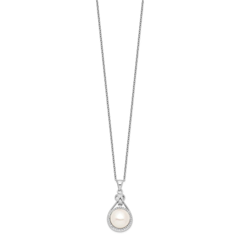 Sterling Silver Rhodium-Plated 10-11mm White Fwc Pearl Cz Necklace