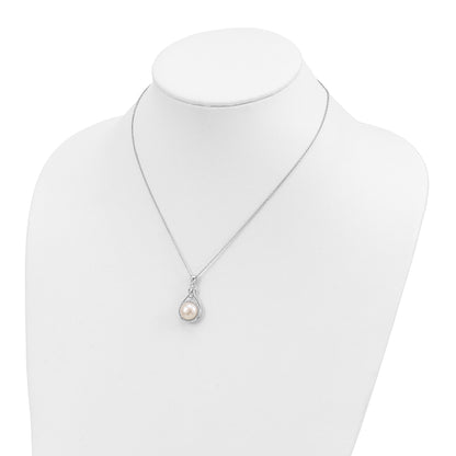 Sterling Silver Rhodium-Plated 10-11mm White Fwc Pearl Cz Necklace