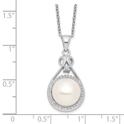 Sterling Silver Rhodium-Plated 10-11mm White Fwc Pearl Cz Necklace