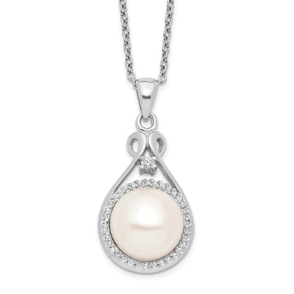 Sterling Silver Rhodium-Plated 10-11mm White Fwc Pearl Cz Necklace