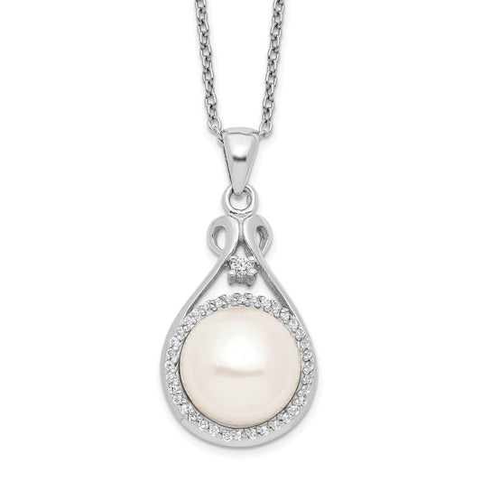 Sterling Silver Rhodium-Plated 10-11mm White Fwc Pearl Cz Necklace