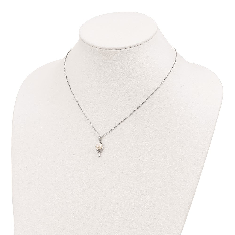 Sterling Silver Rhodium-Plated 6-7mm White Fwc Pearl Cz Necklace